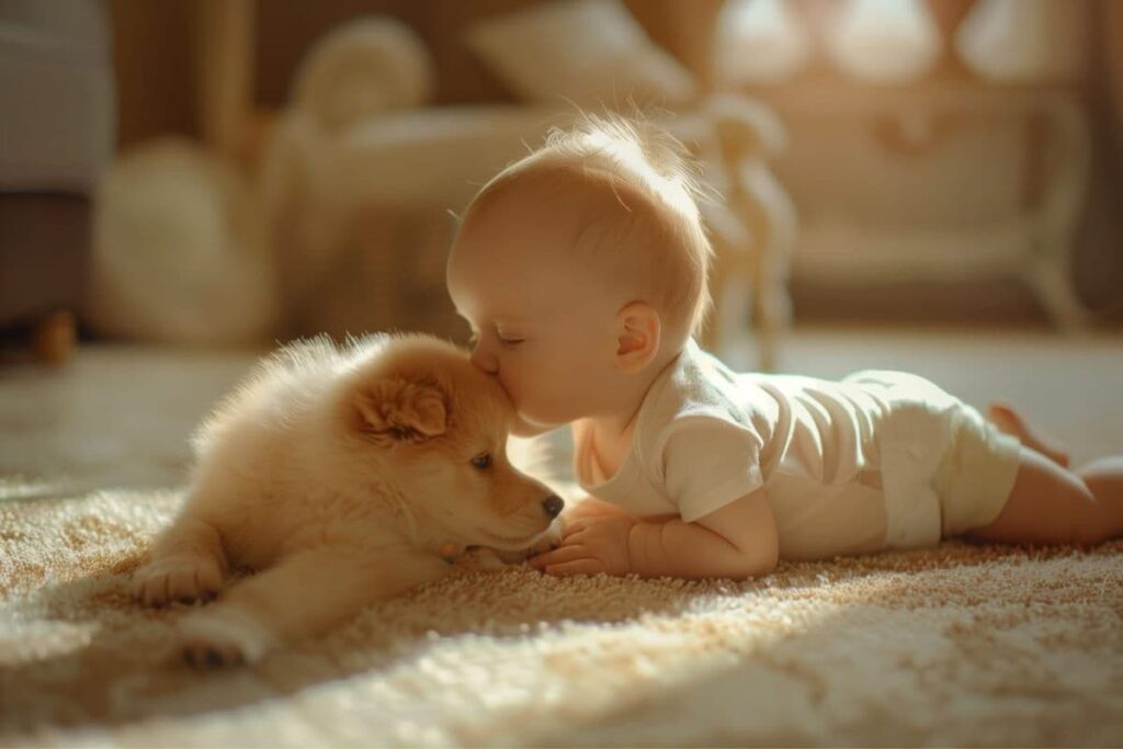 A baby gently kisses a fluffy puppy on a sunlit carpet. Kids and pets are more susceptible