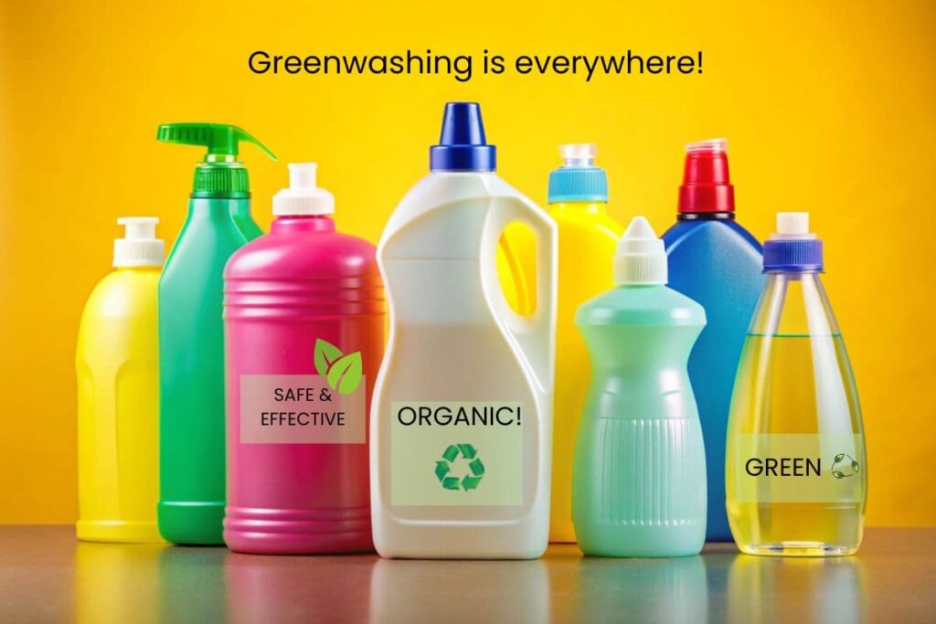 cleaning bottles with greenwashing terms and symbols on the fronts