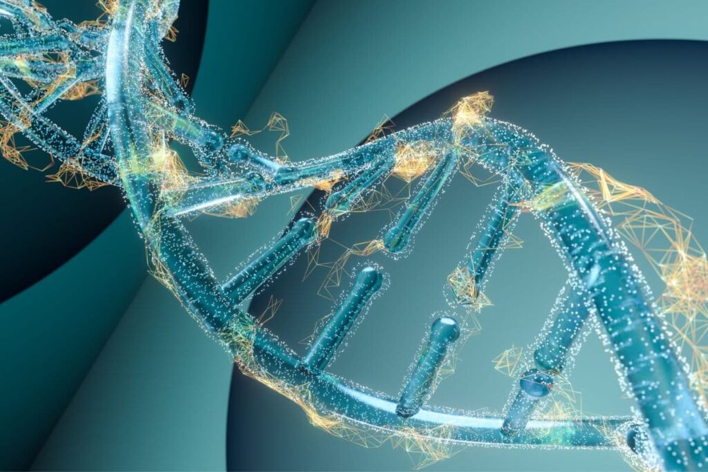 A 3D rendering of a glowing blue DNA strand.
