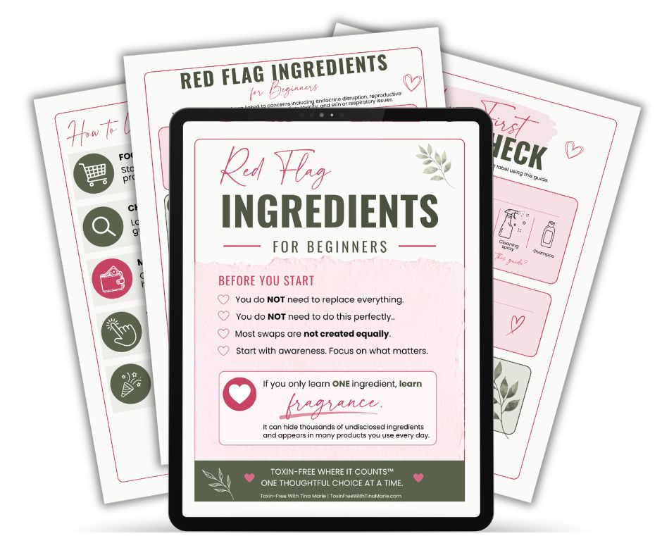 Red Flag Ingredients for Beginners cheat sheet displayed on a tablet with guide pages shown in the background.