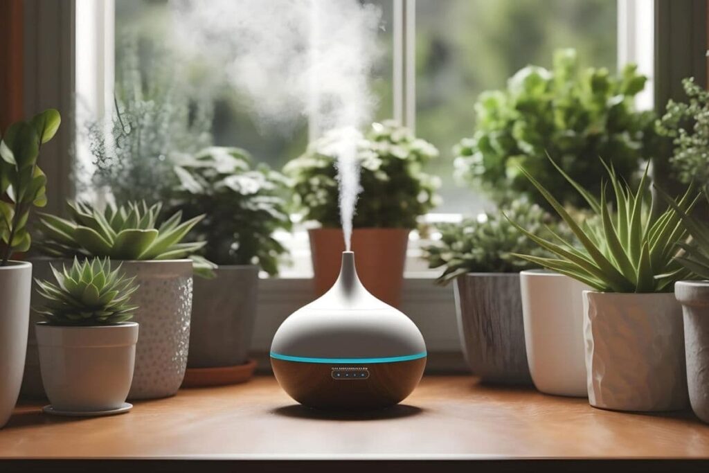Essential oil diffuser on table near succulents.