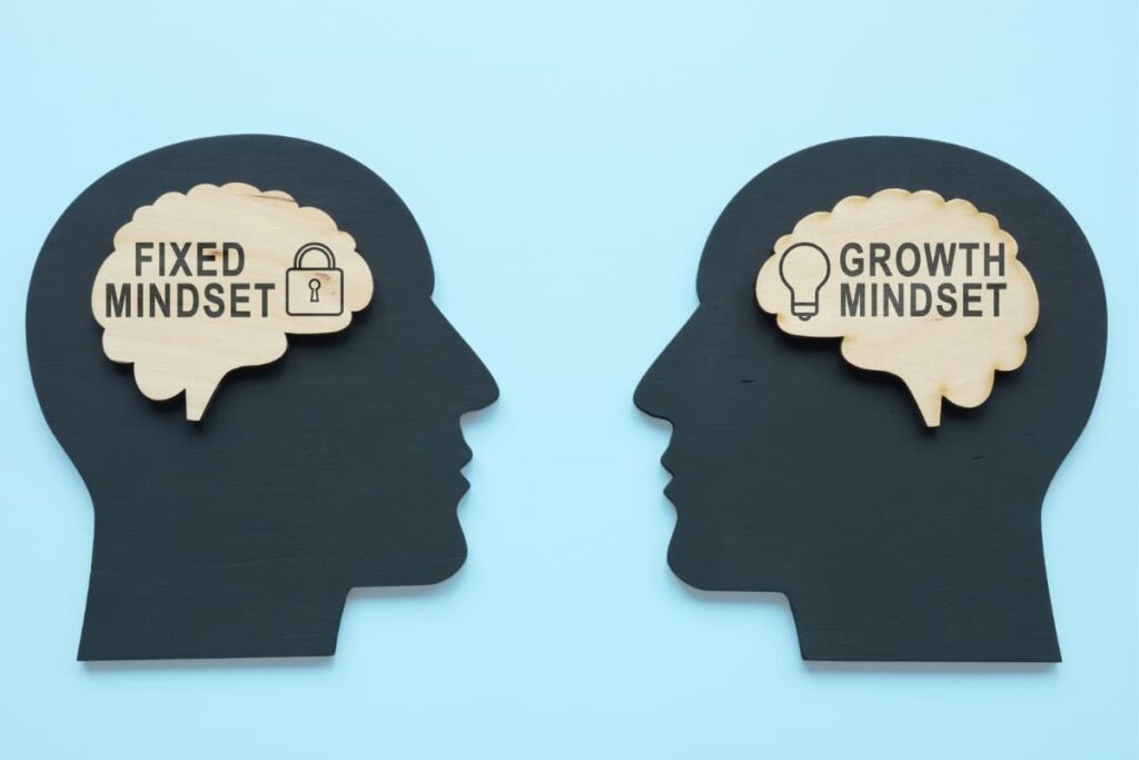 Silhouettes of two black heads on blue background. Left shows "Fixed Mindset" with a lock symbol; right shows "Growth Mindset" with a light bulb.