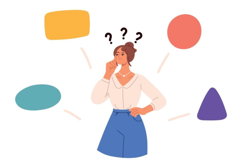 Illustration of a thoughtful woman with hand on chin, surrounded by colorful shapes and question marks, conveying a sense of confusion or decision-making.