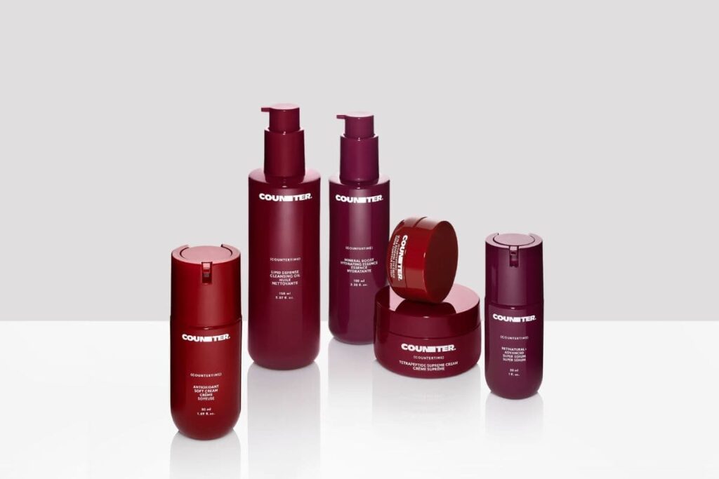 My clean anti-aging skincare routine, Countertime, displayed on table.