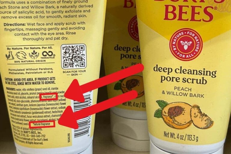 Face scrub showing front label on the left and back ingredient list on the right, with ‘fragrance*’ and '*natural fragrance' circled in red to highlight hidden fragrance ingredients.