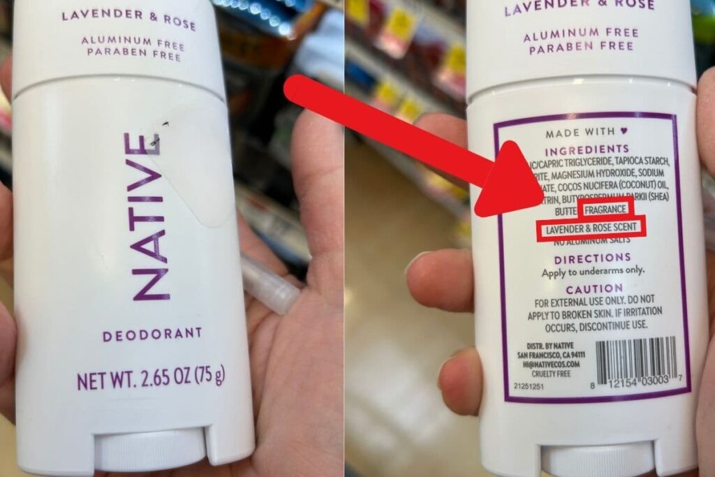 Deodorant showing front label on the left and back ingredient list on the right, with ‘fragrance’ circled in red to highlight hidden fragrance ingredients.
