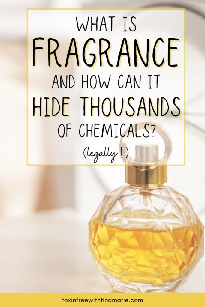 A perfume bottle with amber liquid sits below bold text: 'What is fragrance and how can it hide thousands of chemicals? (legally!)