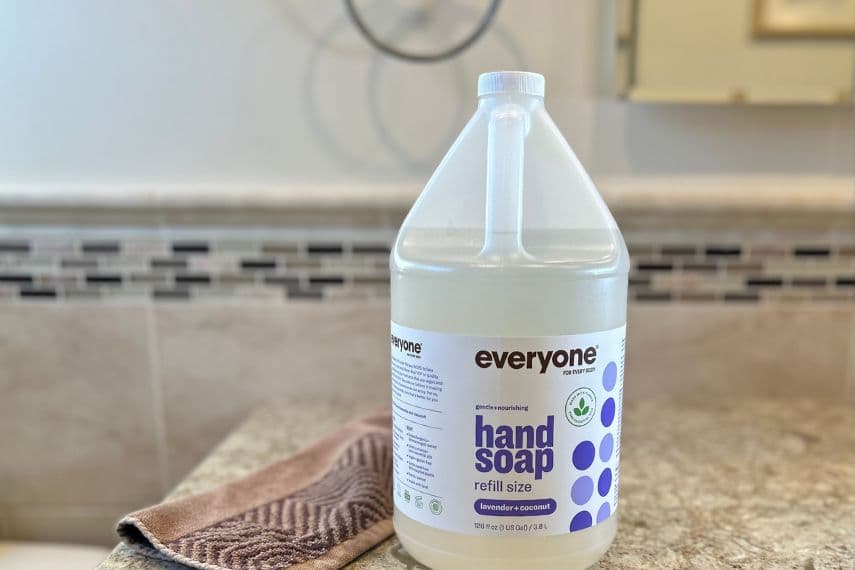 Everyone Hand Soap-gallon refill on bathroom counter.