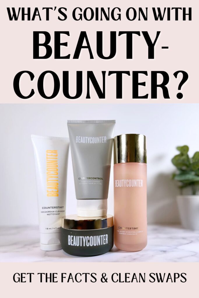 What's Going on with Beautycounter? text on top, images of Beautycounter products on quartz table below.