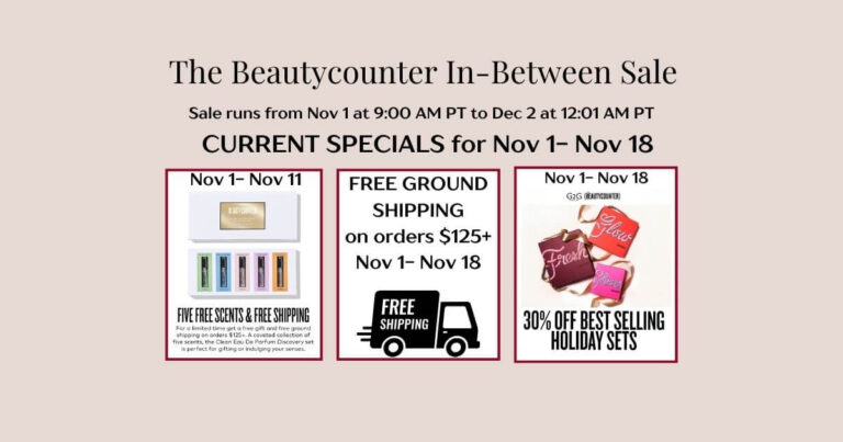 The in-between sale Beautycounter, graphic with images of specials (fragrance discovery set, free standard shipping, 30% off select holiday sets)