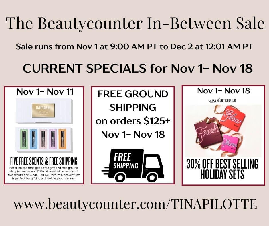 The in-between sale Beautycounter, graphic with images of some of the specials (fragrance discovery set, free standard shipping, 30% off select holiday sets)