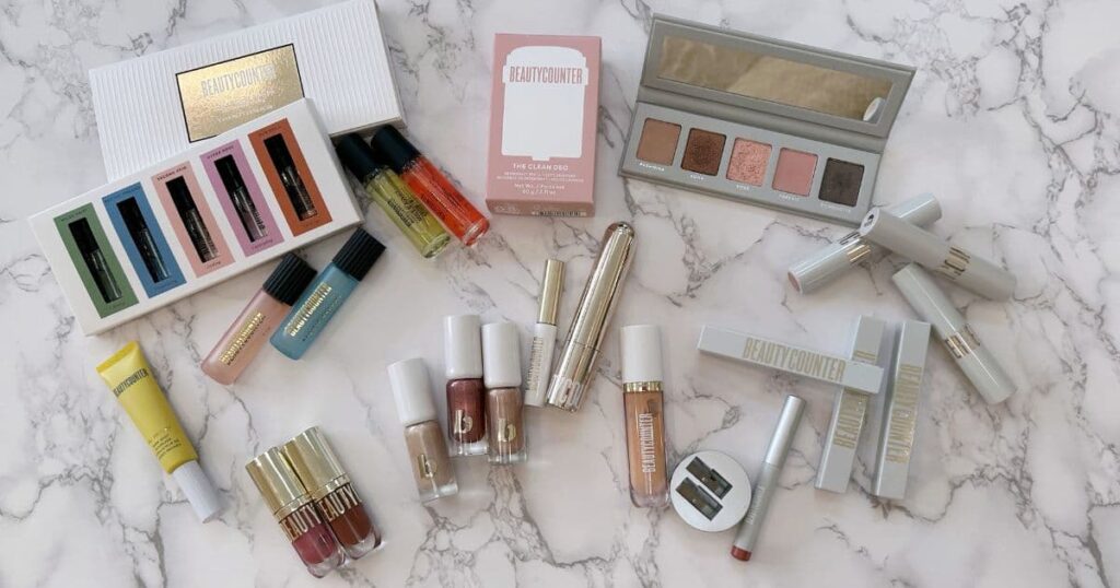 Beautycounter products on quartz background