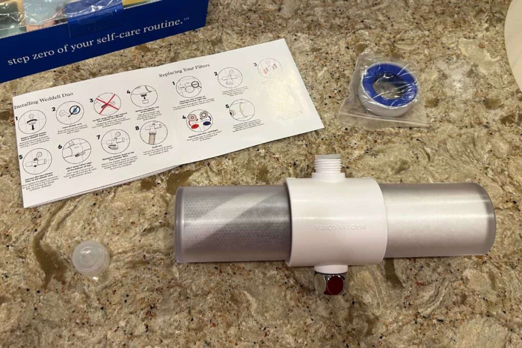 Weddell Duo Shower Filter in box on counter