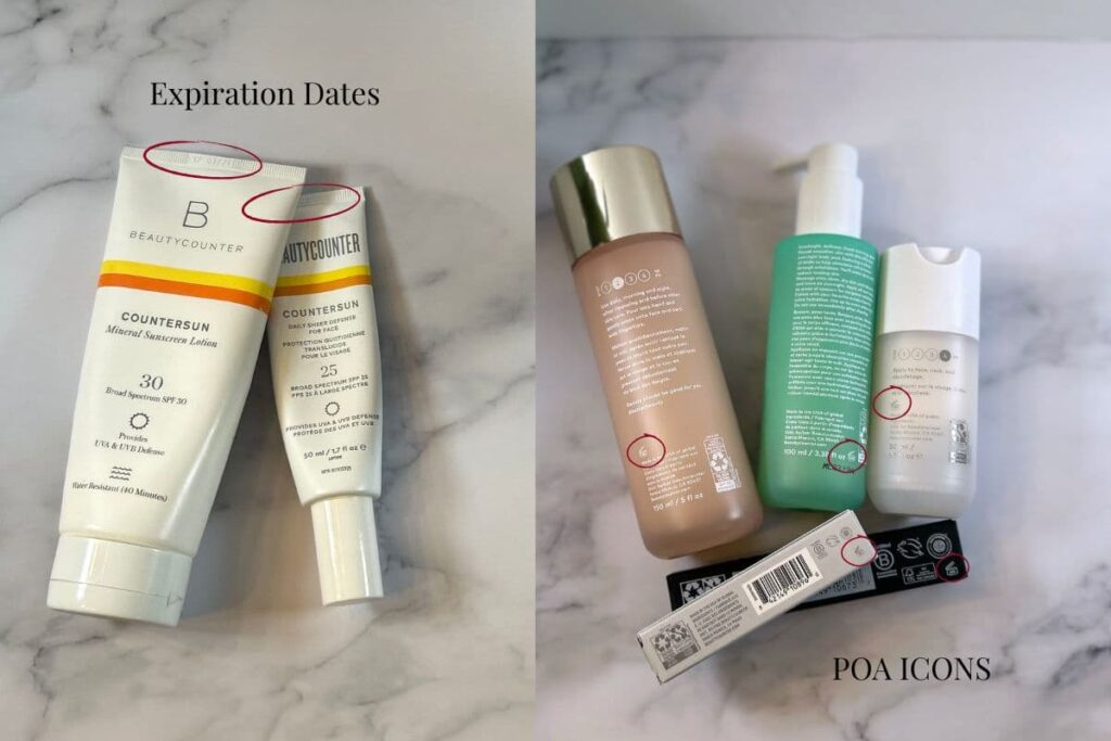 Image showing where to find expiration dates and PAO icons on beauty and skincare products.