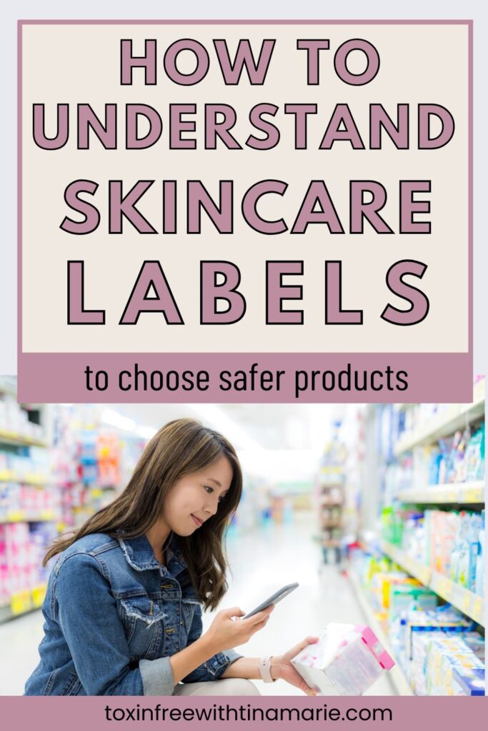 Woman in supermarket looking at product labels, text above reads: How to understand skincare labels.