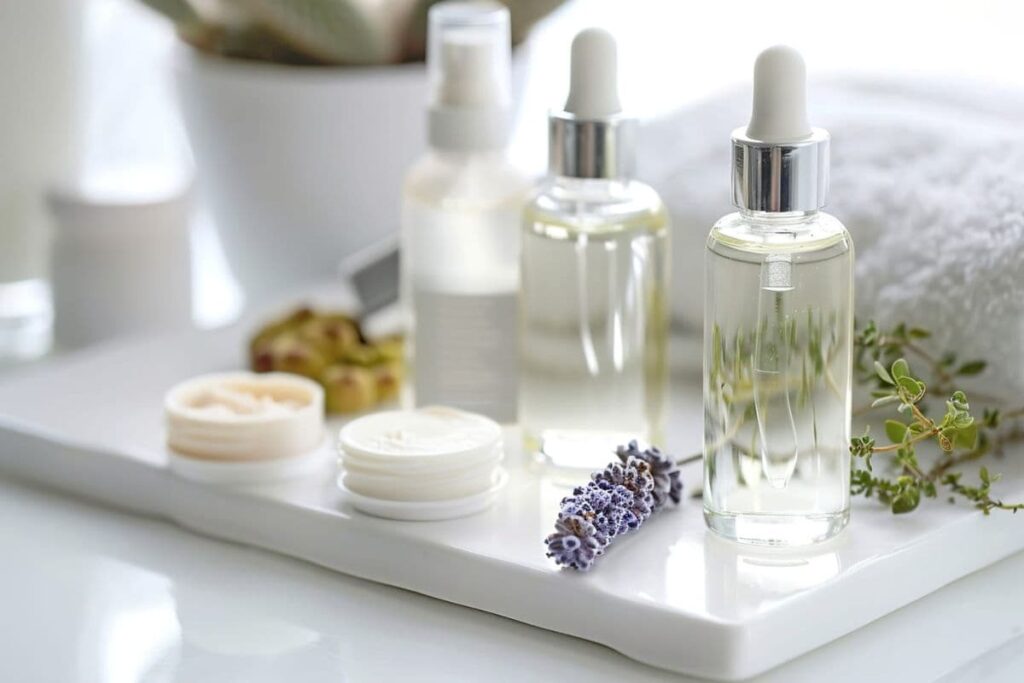 Clean beauty products and lavender sprigs on quartz tray