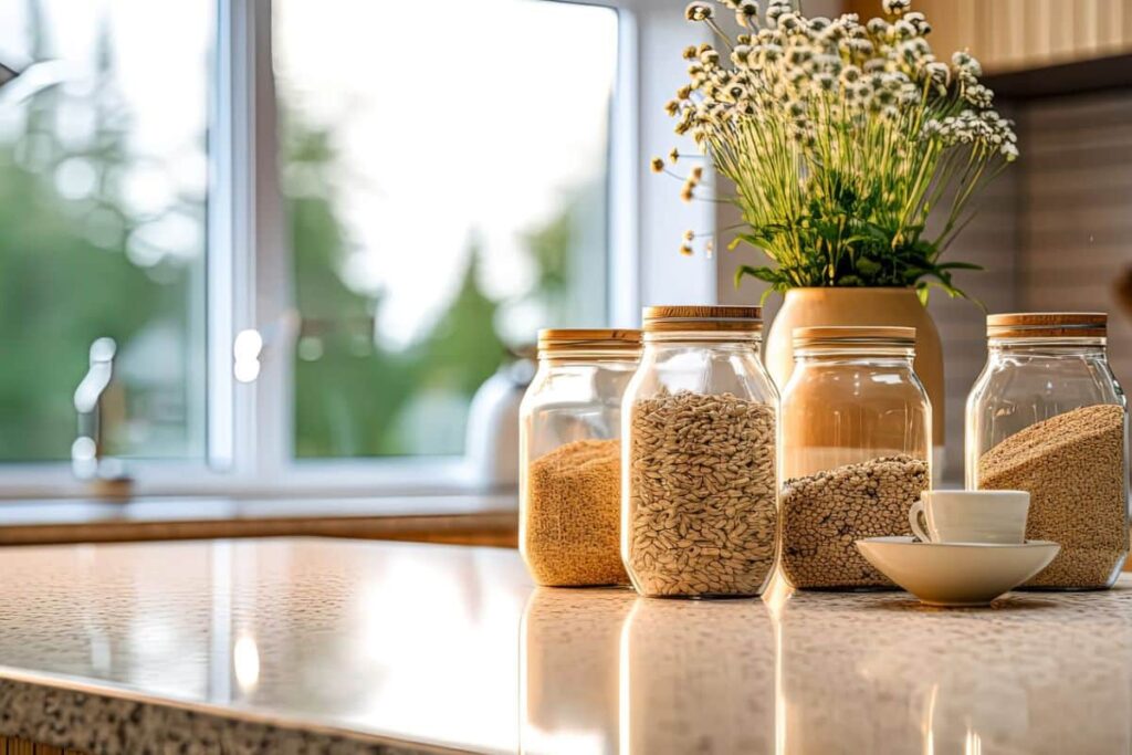 Glass containers with dry foods displayed on kitchen counter.