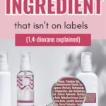 Magnifying glass over ingredient label on skincare bottles, text warns about hidden toxic ingredients you won't see on labels.