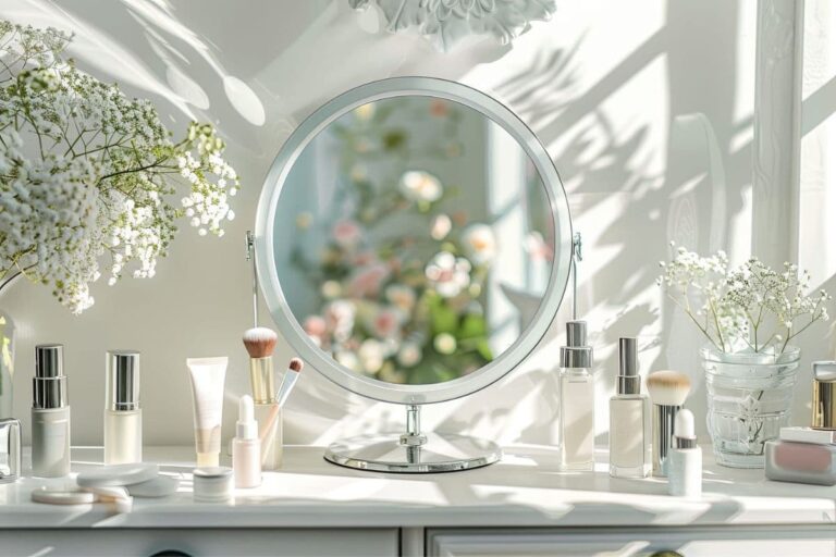 makeup vanity with beauty products and bottles made with safer paraben alternatives