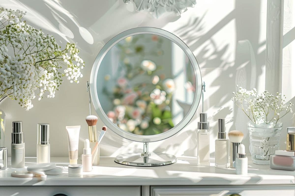 makeup vanity with beauty products and bottles made with safer paraben alternatives