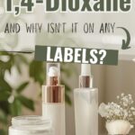 Skincare products on table, text overlay, "What is 1,4-dioxane and why isn't it on any labels?"