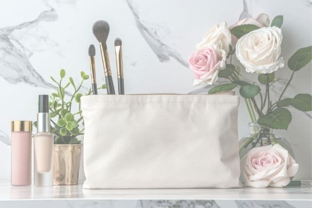 beauty bag with cosmetics and flowers on counter