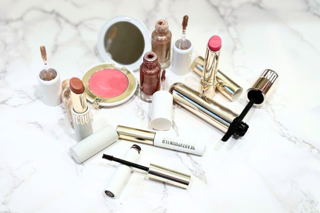 Beautycounter September 2025 clean makeup launch products on a marble surface.