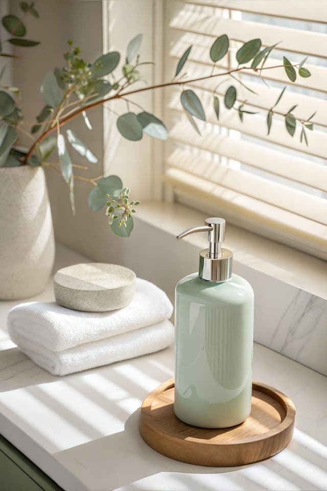 non-toxic hand soap on counter with towels and window in background