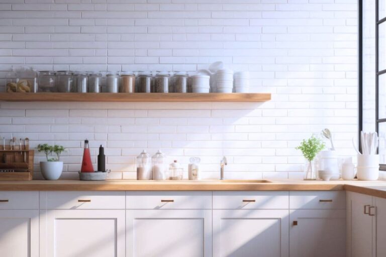 Bright white, non toxic kitchen space with wooden counters, glass and ceramic containers, wooden utensils, and green plant