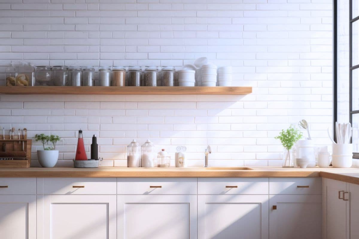 Bright white, non toxic kitchen space with wooden counters, glass and ceramic containers, wooden utensils, and green plant