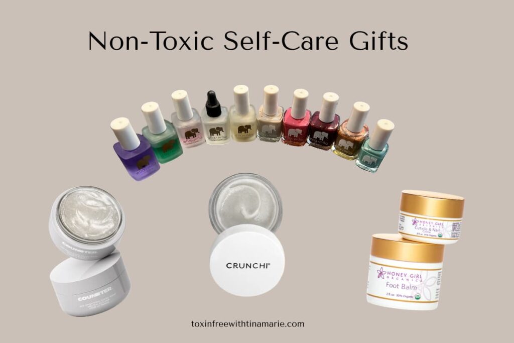 Array of colorful non-toxic nail polishes, creams labeled "COUNTER" and "CRUNCHI," and "HONEY GIRL" foot balm. Text: "Non-Toxic Self-Care Gifts."