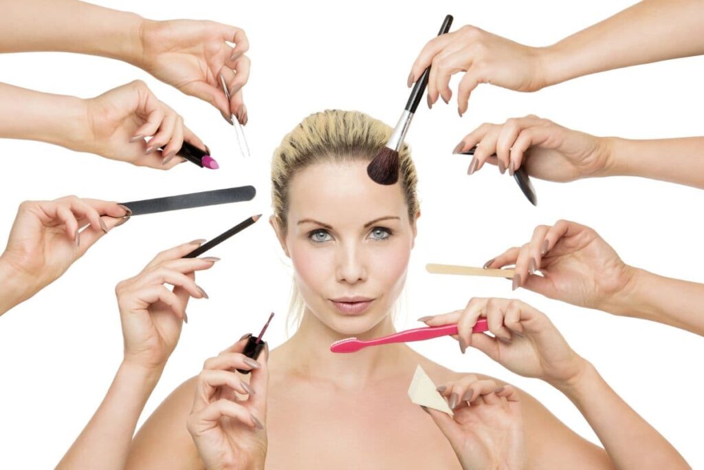 Woman with multiple arms applying several skincare and personal care products, representing the many chemicals encountered daily.
