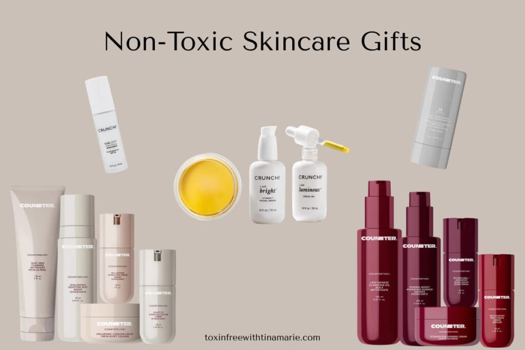 Non-toxic skincare products arranged against a light beige background, including bottles, jars, and tubes in various colors. Text reads "Non-Toxic Skincare Gifts."