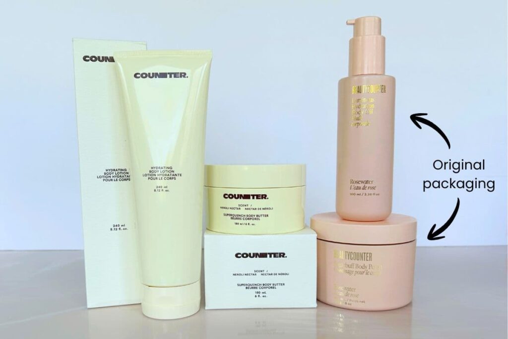Counter skincare body products on table.