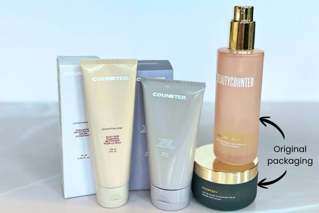 Counter and Beautycounter cleaners on table.
