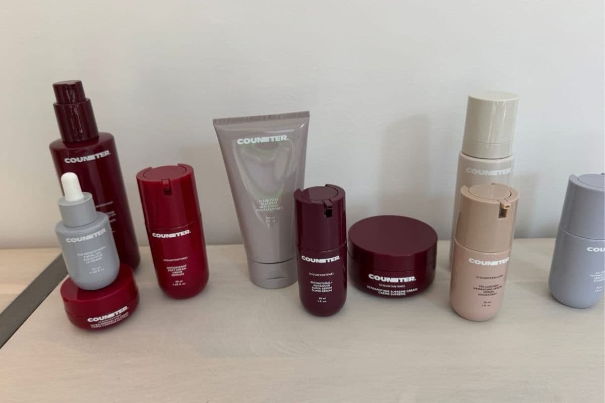 Counter skincare products on table.