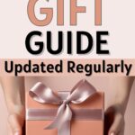 Hands present a peach gift box with a satin ribbon. Text reads "Non-Toxic Gift Guide Updated regularly."