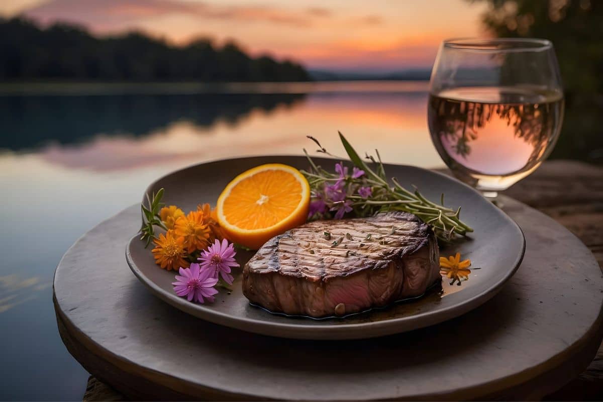 Steak dinner and glass of wine on table by lake with setting sun in background.