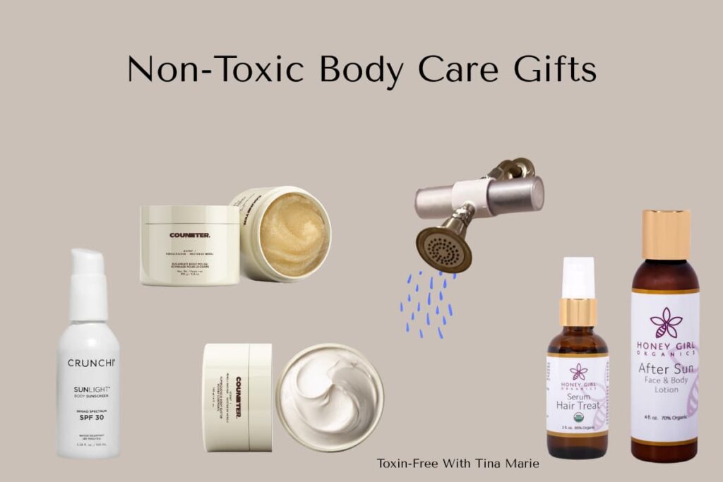 Non-toxic body care gifts collage on a beige background featuring creams, a serum, sunscreen, a showerhead, and after-sun lotion, suggesting natural wellness.