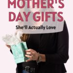 Woman holding a light blue gift bag with tissue paper. Text reads: "Non-Toxic Mother's Day Gifts She'll Actually Love."