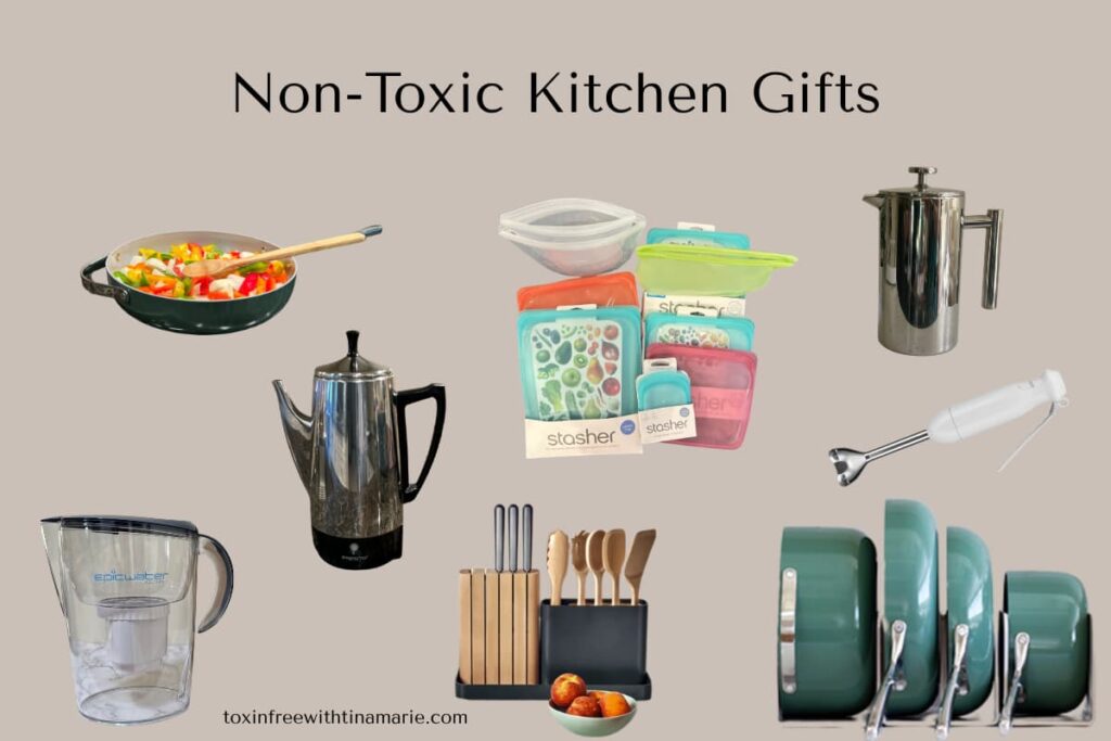 An assortment of non-toxic kitchen gifts is displayed, including colorful pans, stainless steel coffee makers, reusable bags, a water filter pitcher, a utensil set, and an immersion blender.