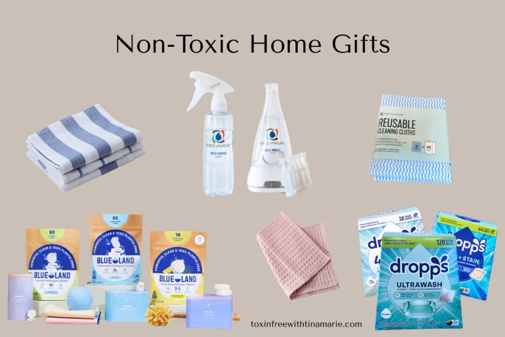 Collage of non-toxic home gifts including towels, cleaning sprays, reusable cloths, and eco-friendly detergent packs, labeled 'Non-Toxic Home Gifts'.