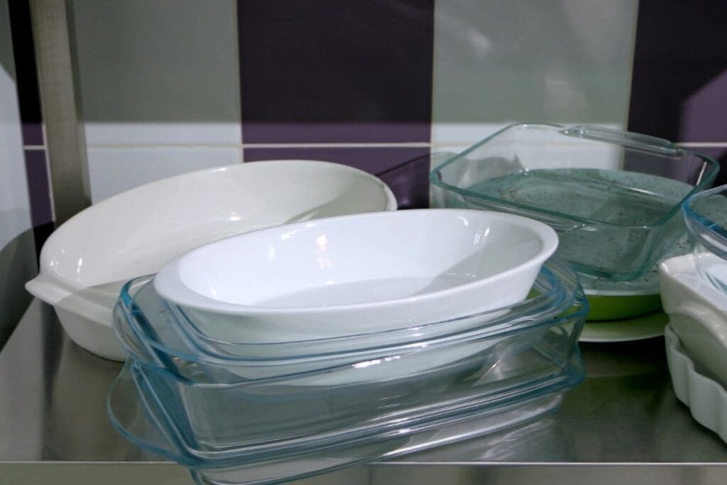 Ceramic and glass casserole dishes.