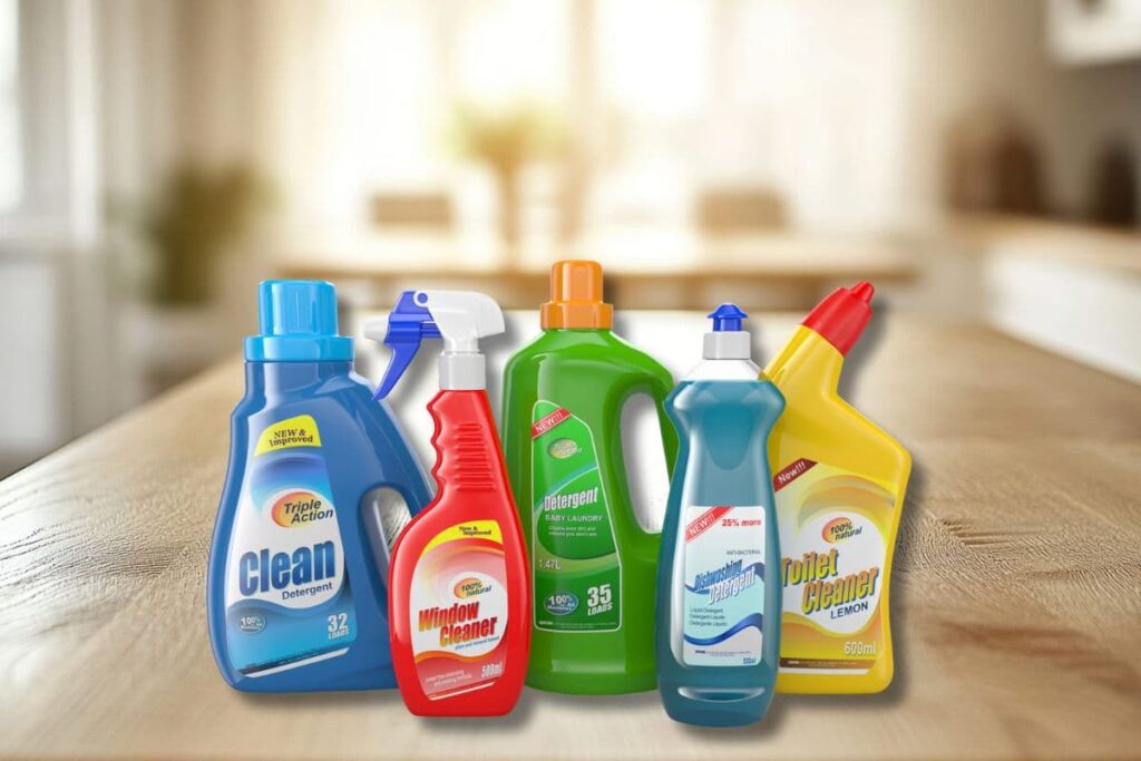 Various cleaning products on kitchen counter. These are products to use the SAFE framework to assess whether to consider swapping them out.