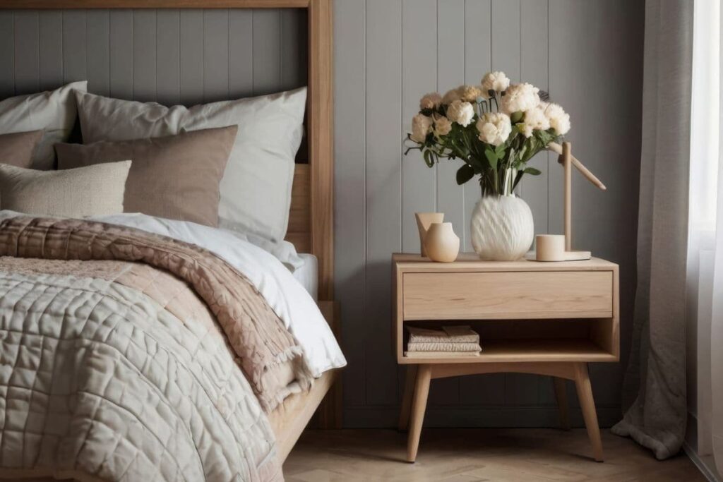Comfortable, clean bed, nightstand, and plant in bedroom.