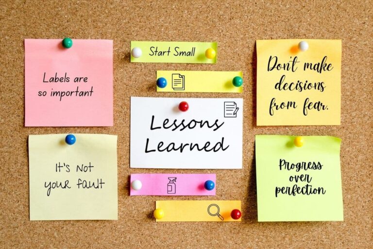 Bulletin board with post its and push pins listing some non toxic lifestyle lessons learned