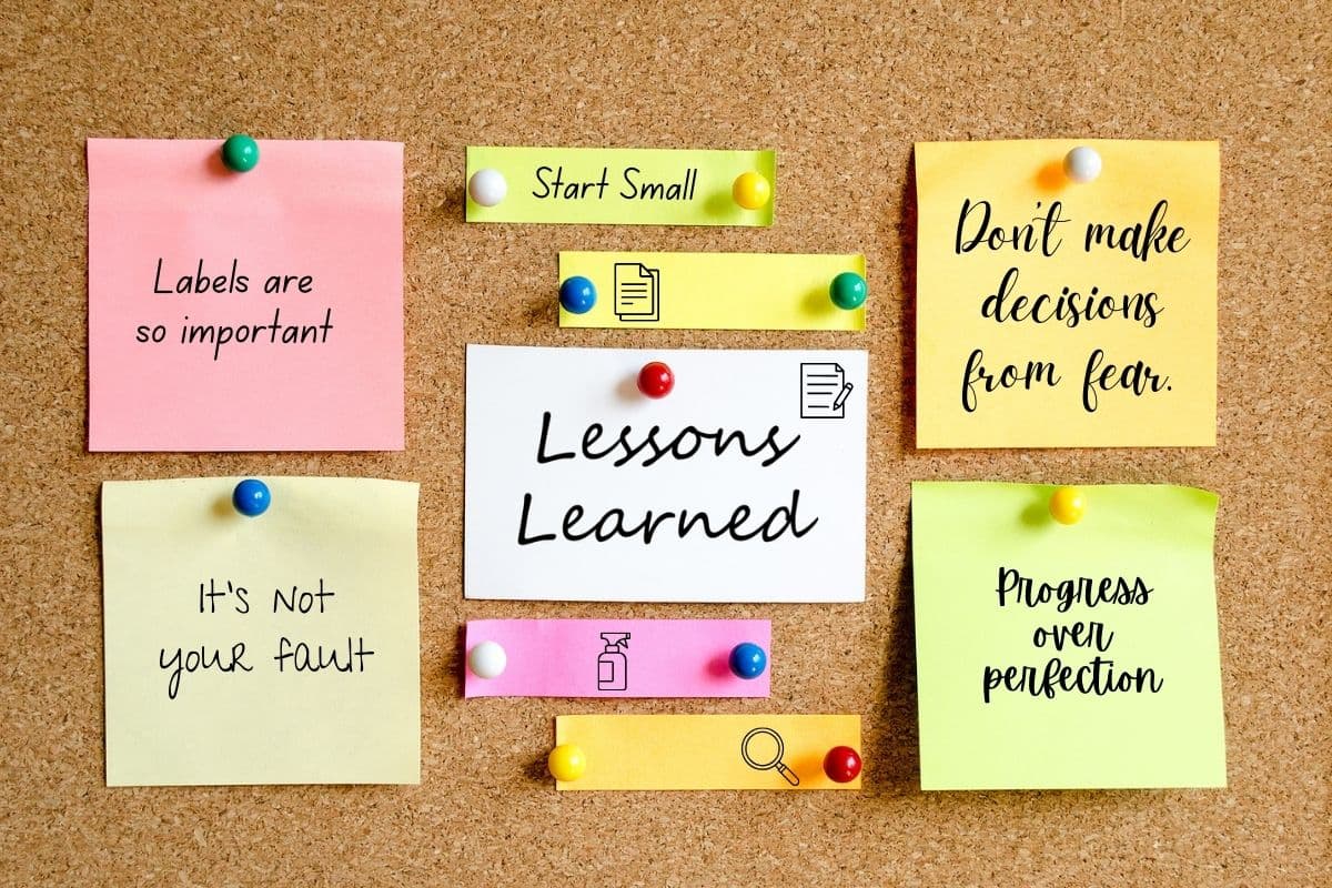 Bulletin board with post its and push pins listing some non toxic lifestyle lessons learned