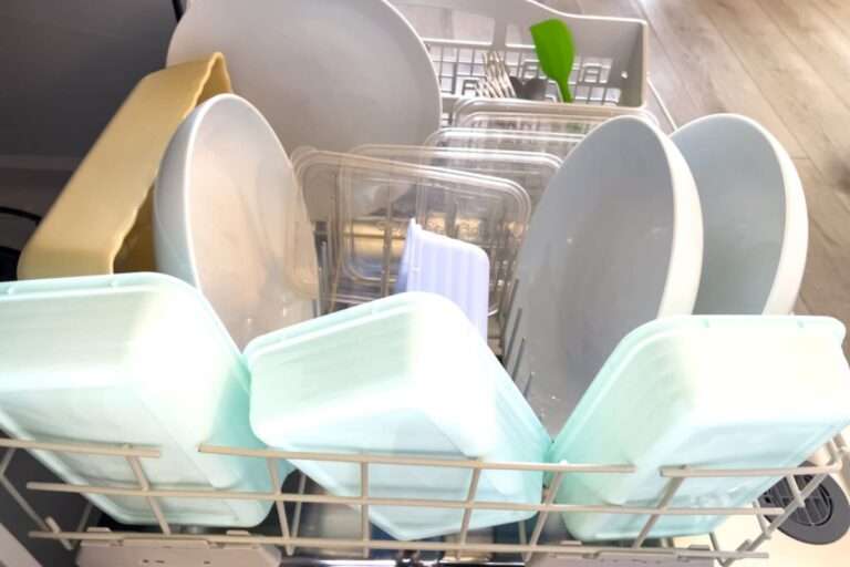 Plastic food containers and lids inside a dishwasher.