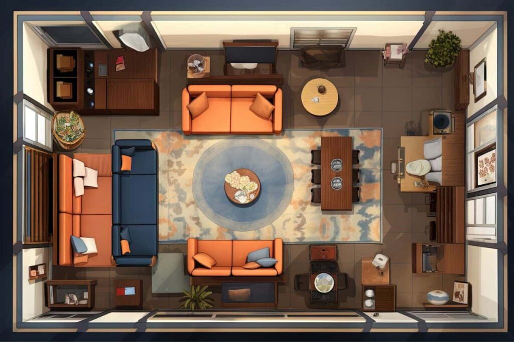 Living room with desk, sofa and other furniture view from above. Casual interior top view.