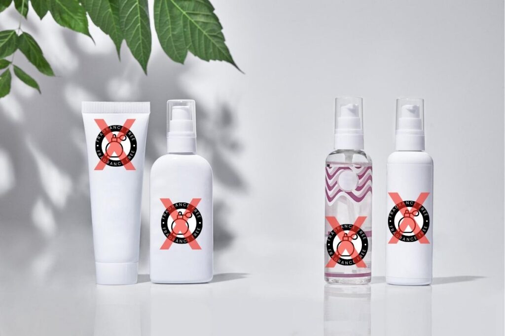 Personal care products with "fragrance-free" labels, each false claim crossed out with a red X.